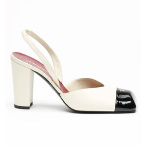 Chanel 26S Blazy Ivory Black Square Toe Sling CC Slingback Block Heel Pump 40